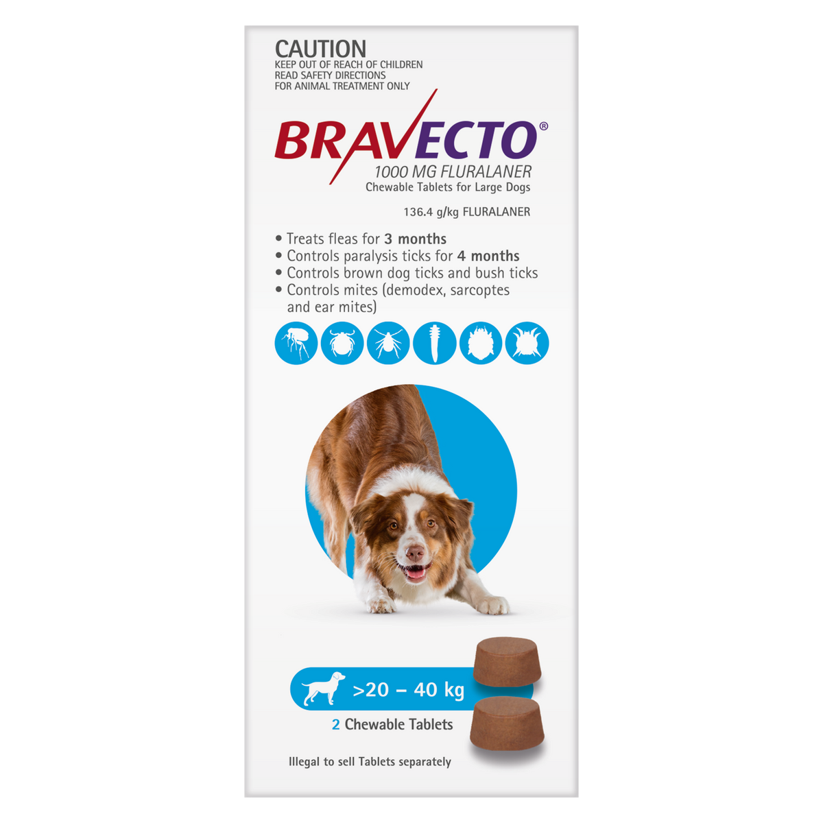 Bravecto Chew for Large Dogs 20-40kg Blue - 2 Chews